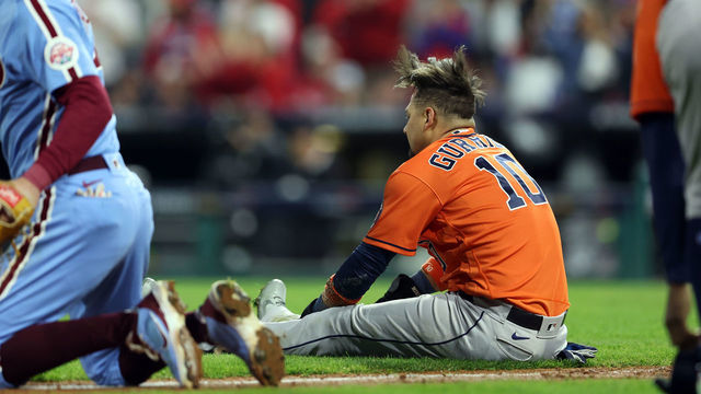 PHILADELPHIA, PA - NOVEMBER 03: Yuli Gurriel #10 of the Houston Astros is caught in a rundown in the seventh inning of Game 5 of the 2022 World Series between the Houston Astros and the Philadelphia Phillies at Citizens Bank Park on Thursday, November 3, 2022 in Philadelphia, Pennsylvania.