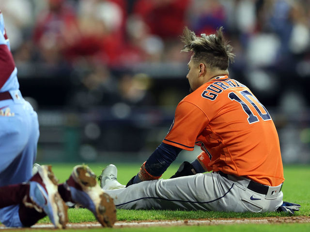 PHILADELPHIA, PA - NOVEMBER 03: Yuli Gurriel #10 of the Houston Astros is caught in a rundown in the seventh inning of Game 5 of the 2022 World Series between the Houston Astros and the Philadelphia Phillies at Citizens Bank Park on Thursday, November 3, 2022 in Philadelphia, Pennsylvania.