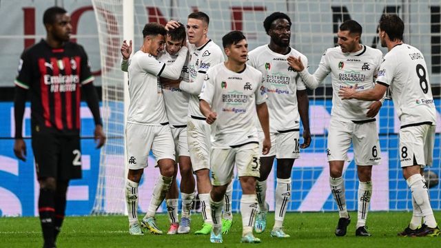 Spezia's Italian midfielder Daniel Maldini (3rdL) celebrates after scoring an equalizer during the Italian Serie A football match between AC Milan and Spezia on November 5, 2022 at the San Siro stadium in Milan.