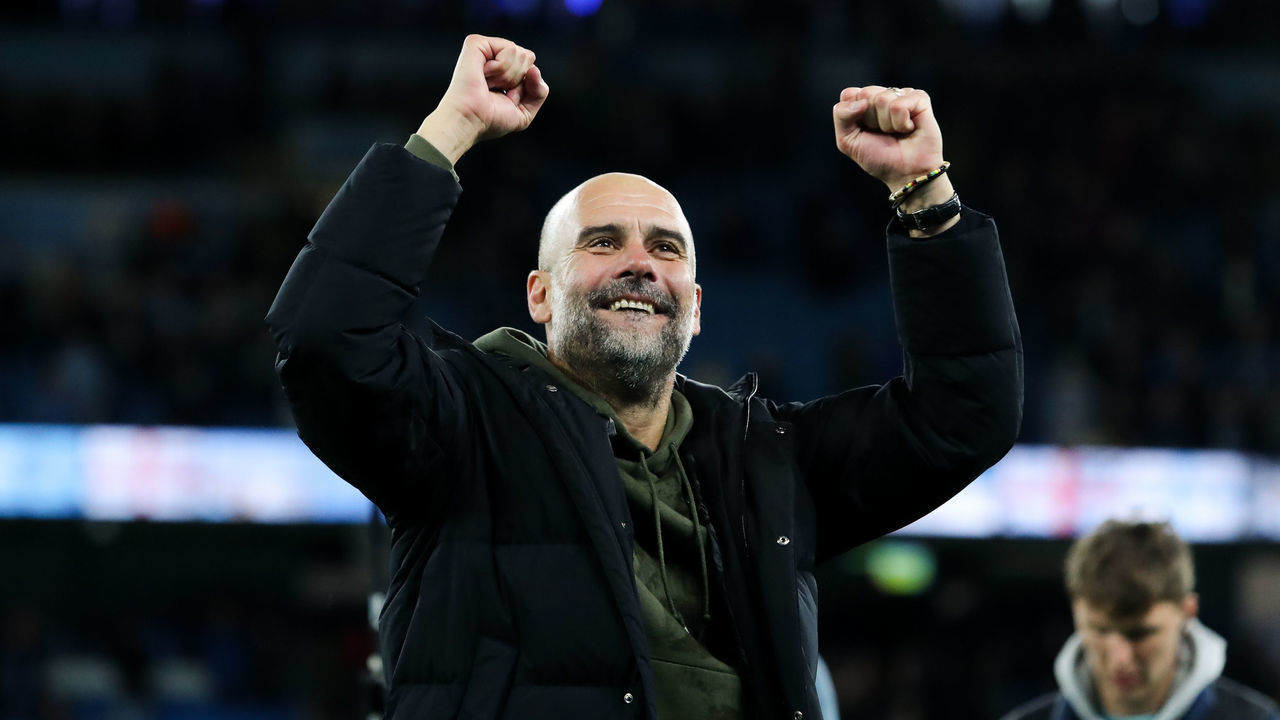 MANCHESTER, ENGLAND - NOVEMBER 05: Josep 'Pep' Guardiola, manager of Manchester City, celebrates following the Premier League match between Manchester City and Fulham FC at Etihad Stadium on November 05, 2022 in Manchester, England.