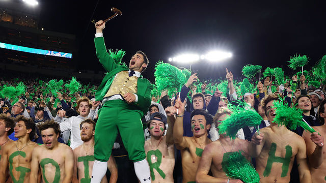 SOUTH BEND, INDIANA - NOVEMBER 05: Notre Dame Fighting Irish fans react against the Clemson Tigers during the first half at Notre Dame Stadium on November 05, 2022 in South Bend, Indiana.