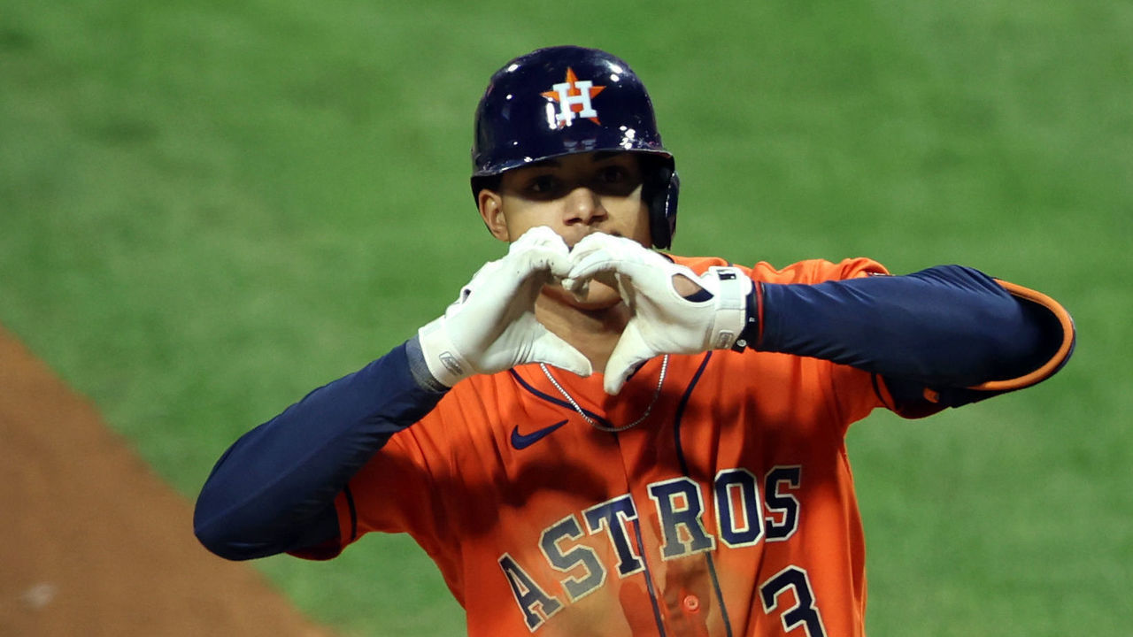 PHILADELPHIA, PA - NOVEMBER 03: Jeremy Peña #3 of the Houston Astros celebrates after hitting a home run in the fourth inning of Game 5 of the 2022 World Series between the Houston Astros and the Philadelphia Phillies at Citizens Bank Park on Thursday, November 3, 2022 in Philadelphia, Pennsylvania.
