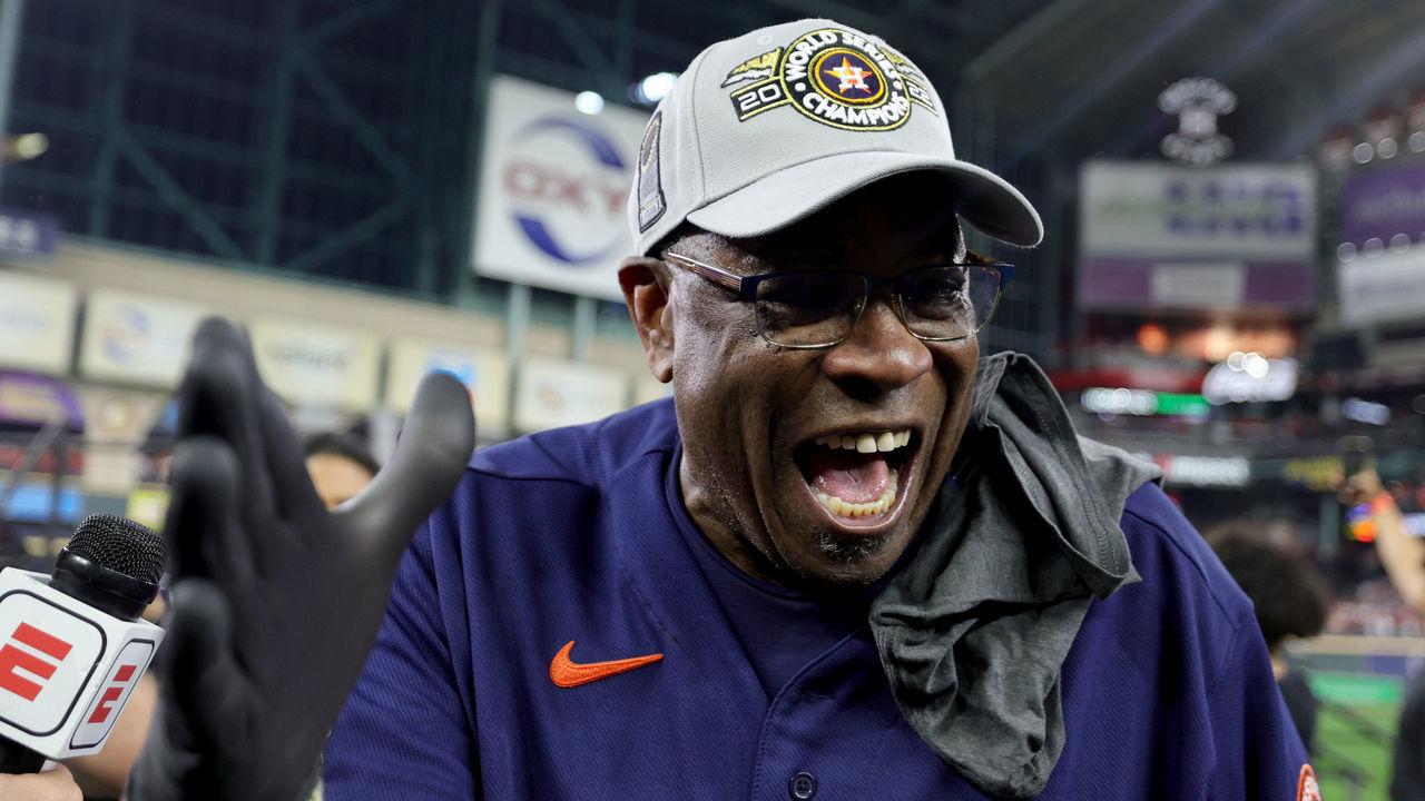 HOUSTON, TEXAS - NOVEMBER 05: Manager Dusty Baker Jr. of the Houston Astros celebrates after defeating the Philadelphia Phillies 4-1 to win the 2022 World Series in Game Six of the 2022 World Series at Minute Maid Park on November 05, 2022 in Houston, Texas.