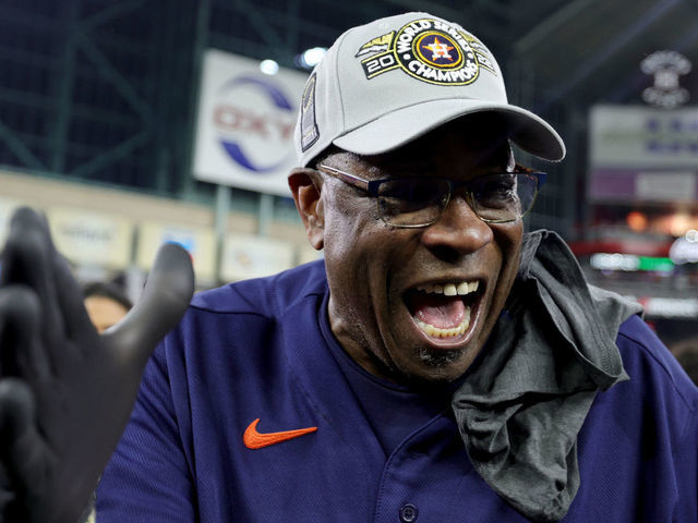 HOUSTON, TEXAS - NOVEMBER 05: Manager Dusty Baker Jr. of the Houston Astros celebrates after defeating the Philadelphia Phillies 4-1 to win the 2022 World Series in Game Six of the 2022 World Series at Minute Maid Park on November 05, 2022 in Houston, Texas.