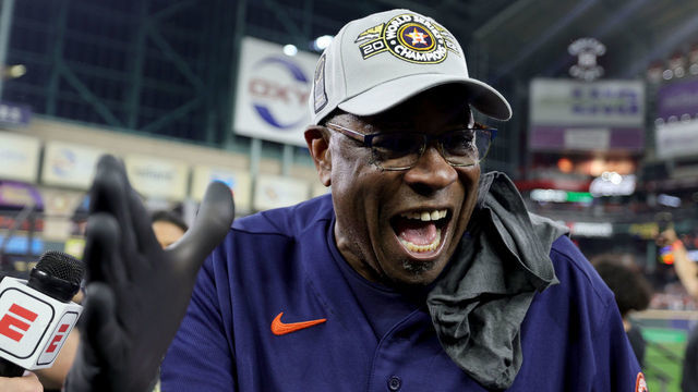 HOUSTON, TEXAS - NOVEMBER 05: Manager Dusty Baker Jr. of the Houston Astros celebrates after defeating the Philadelphia Phillies 4-1 to win the 2022 World Series in Game Six of the 2022 World Series at Minute Maid Park on November 05, 2022 in Houston, Texas.