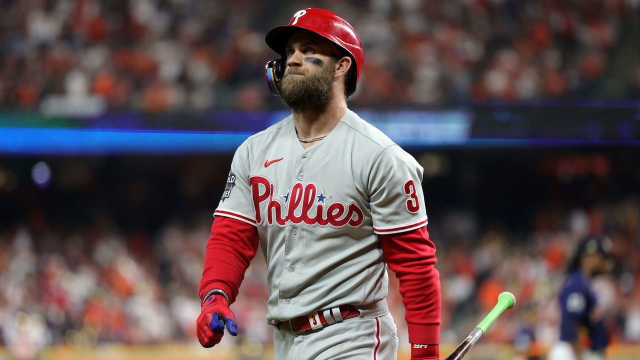 HOUSTON, TEXAS - NOVEMBER 05: Bryce Harper #3 of the Philadelphia Phillies reacts after striking out against the Houston Astros during the sixth inning in Game Six of the 2022 World Series at Minute Maid Park on November 05, 2022 in Houston, Texas.