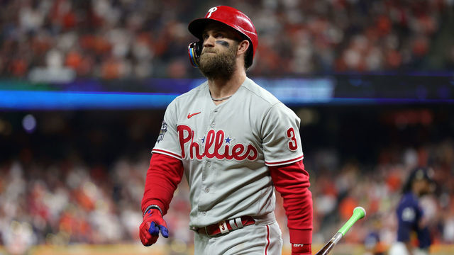 HOUSTON, TEXAS - NOVEMBER 05: Bryce Harper #3 of the Philadelphia Phillies reacts after striking out against the Houston Astros during the sixth inning in Game Six of the 2022 World Series at Minute Maid Park on November 05, 2022 in Houston, Texas.