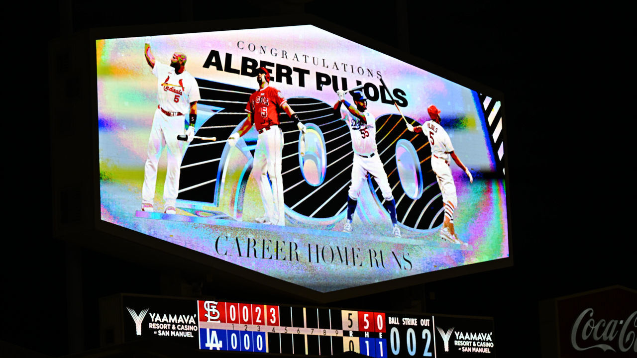 Baseball: A photo of the scoreboard displaying St. Louis Cardinals Albert Pujols 700th career home run vs Los Angeles Dodgers at Dodger Stadium. Los Angeles, CA 9/23/2022 CREDIT: John W. McDonough (Set Number: X164173 TK1)
