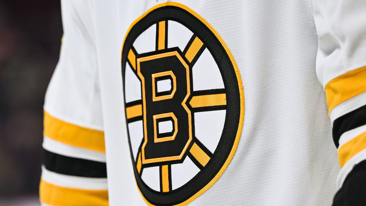 MONTREAL, QC - MARCH 21: View of a Boston Bruins logo on a jersey worn by a member of the team at warm-up before the Boston Bruins versus the Montreal Canadiens game on March 21, 2022 at Bell Centre in Montreal, QC