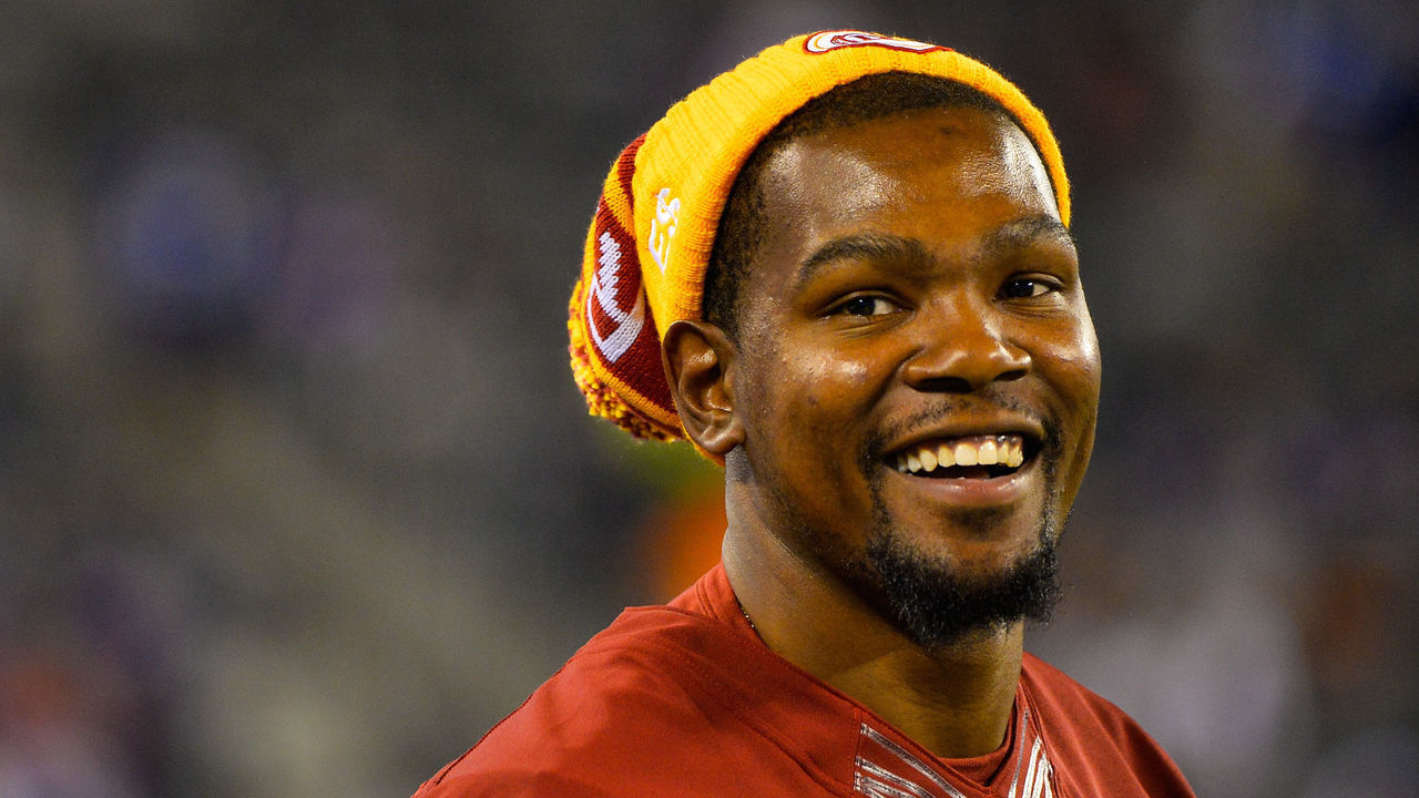 EAST RUTHERFORD, NJ - SEPTEMBER 24: Kevin Durant looks on before a game between the New York Giants and Washington Redskins at MetLife Stadium on September 24, 2015 in East Rutherford, New Jersey.