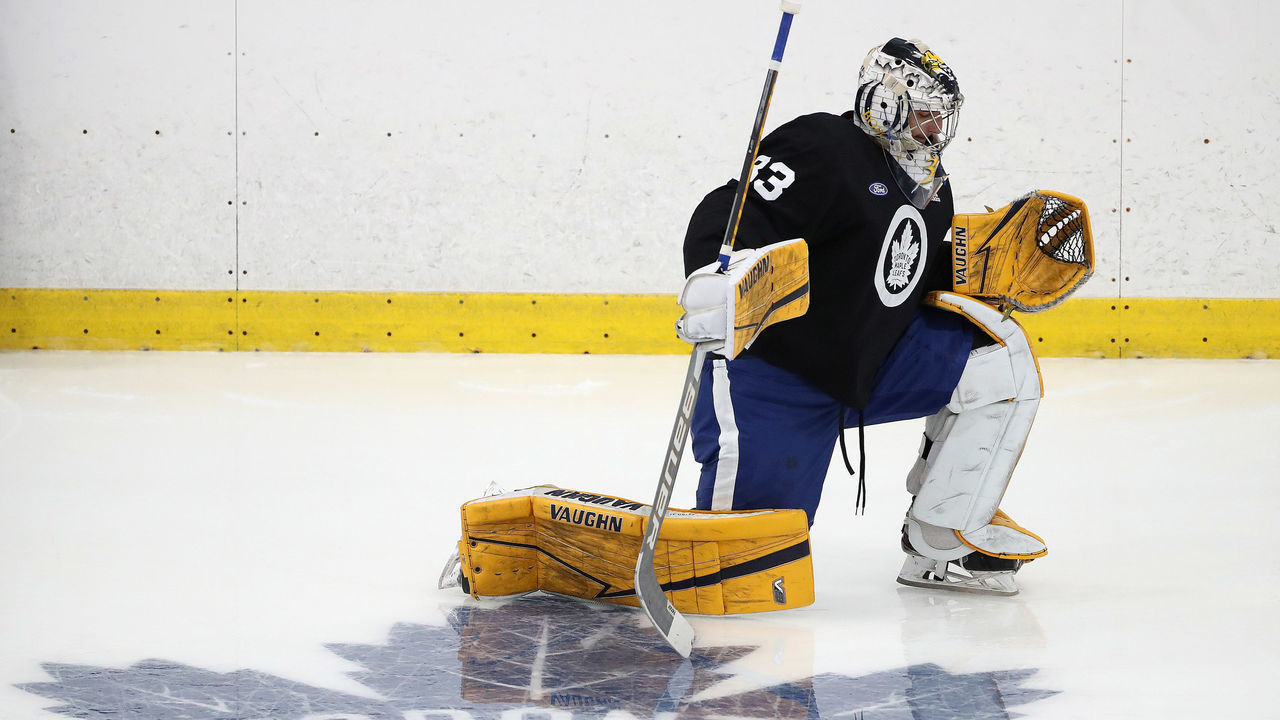 Toronto, ON- September 11 - Keith Petruzzelli stretches before the second period. The Toronto Maple Leafs hold a Blue versus White scrimmage during their prospect development camp in Ford Performance Centre in Toronto. September 11, 2021. (Steve Russell/Toronto Star via Getty Images)