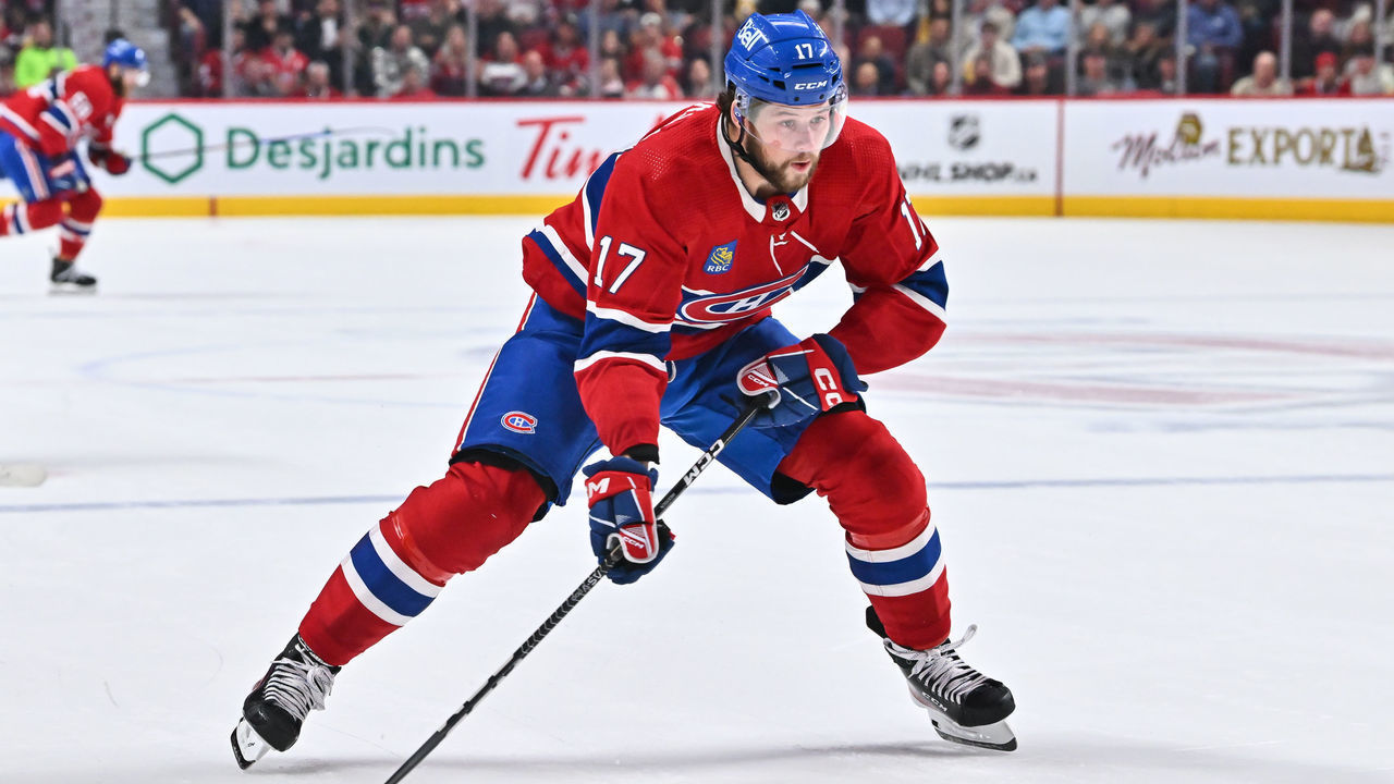 MONTREAL, CANADA - OCTOBER 25: Josh Anderson #17 of the Montreal Canadiens skates the puck during the second period against the Minnesota Wild at Centre Bell on October 25, 2022 in Montreal, Quebec, Canada. The Minnesota Wild defeated the Montreal Canadiens 3-1.