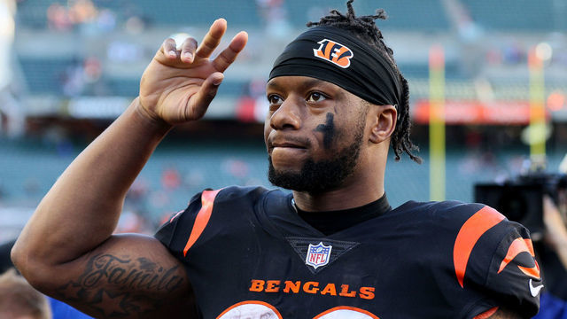 CINCINNATI, OHIO - NOVEMBER 06: Joe Mixon #28 of the Cincinnati Bengals walks off the field after a win over the Carolina Panthers at Paycor Stadium on November 06, 2022 in Cincinnati, Ohio.