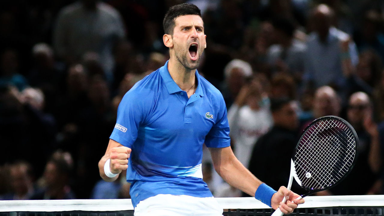 Novak Djokovic during his match against Stefanos Tsitsipas in the semi finals during Day Six of the Rolex Paris Masters tennis tournament at Palais Omnisports de Bercy.