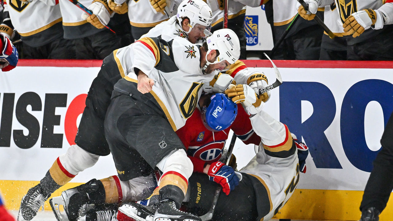 MONTREAL, CANADA - NOVEMBER 05: Alex Pietrangelo #7 of the Vegas Golden Knights throws punches at Josh Anderson #17 of the Montreal Canadiens during the third period at Centre Bell on November 5, 2022 in Montreal, Quebec, Canada. The Vegas Golden Knights defeated the Montreal Canadiens 6-4.
