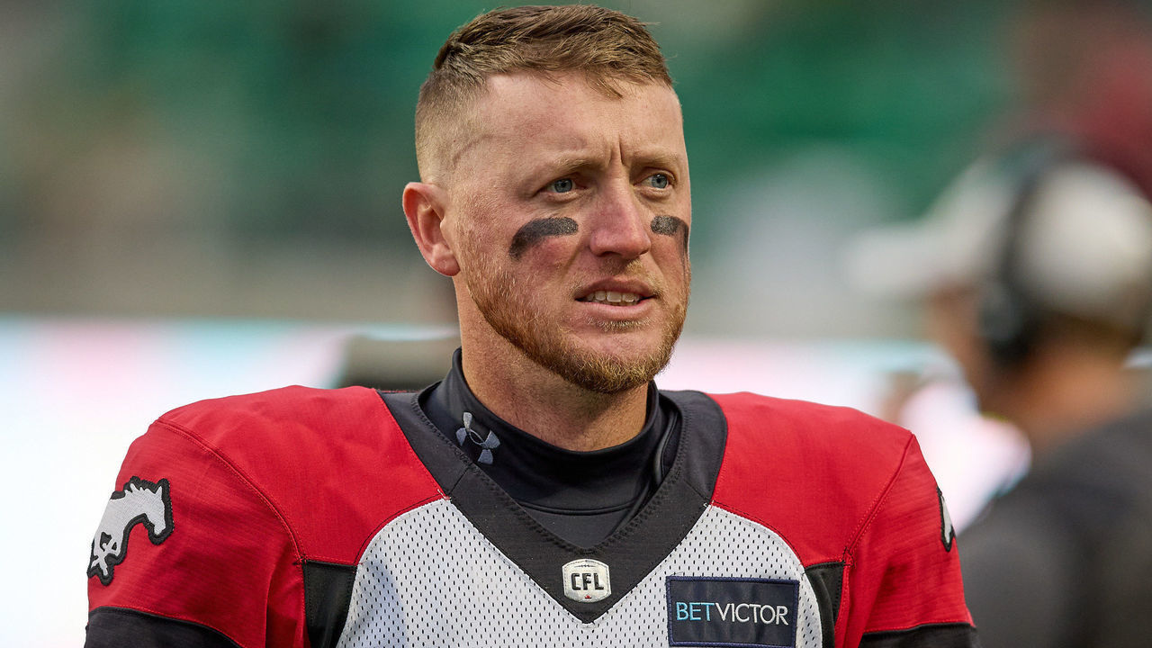 REGINA, SK - OCTOBER 22: Bo Levi Mitchell #19 of the Calgary Stampeders on the sideline during the game between the Calgary Stampeders and Saskatchewan Roughriders at Mosaic Stadium on September 22, 2022 in Regina, Canada.