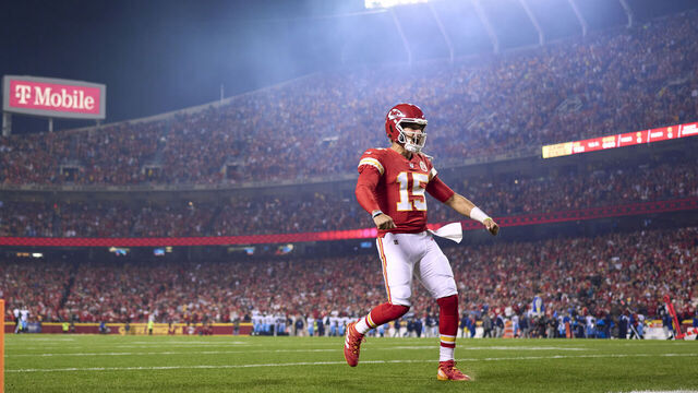 KANSAS CITY, MO - NOVEMBER 06: Patrick Mahomes #15 of the Kansas City Chiefs celebrates in the endzone before kickoff against the Tennessee Titans at GEHA Field at Arrowhead Stadium on November 6, 2022 in Kansas City, Missouri.