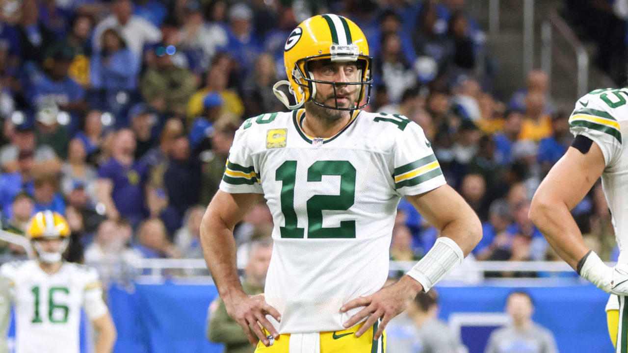 DETROIT, MI - NOVEMBER 06: Green Bay Packers quarterback Aaron Rodgers (12) stands with his hands on his hips as he waits for a replay ruling during the second quarter of an NFL regular season football game between the Green Bay Packers and the Detroit Lions on November 6, 2022 at Ford Field in Detroit, Michigan.