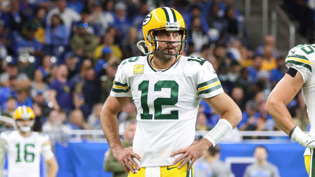 DETROIT, MI - NOVEMBER 06: Green Bay Packers quarterback Aaron Rodgers (12) stands with his hands on his hips as he waits for a replay ruling during the second quarter of an NFL regular season football game between the Green Bay Packers and the Detroit Lions on November 6, 2022 at Ford Field in Detroit, Michigan.