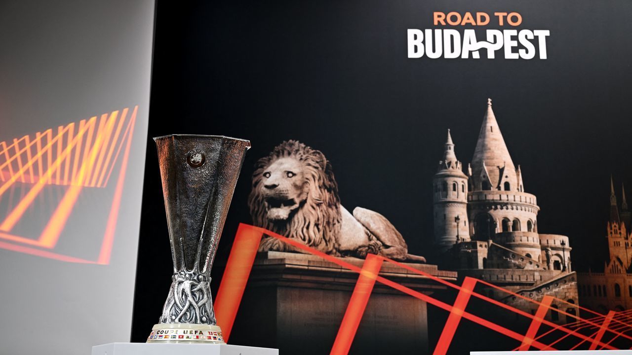 The UEFA Europa League trophy is pictured before the draw for the round of 16 of the 2022-2023 UEFA Europa League football tournament in Nyon on November 7, 2022.