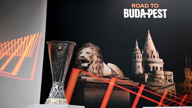 The UEFA Europa League trophy is pictured before the draw for the round of 16 of the 2022-2023 UEFA Europa League football tournament in Nyon on November 7, 2022.