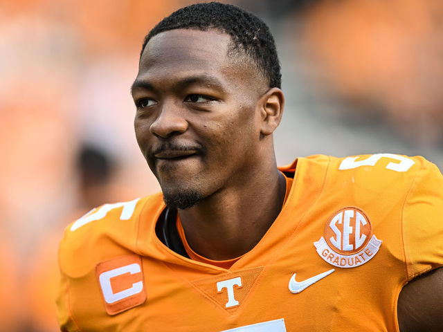 KNOXVILLE, TN - OCTOBER 22: Tennessee Volunteers quarterback Hendon Hooker (5) walks off the field after the college football game between the Tennessee Volunteers and Tennessee Martin Skyhawks on October 22, 2022 at Neyland Stadium in Knoxville, TN.