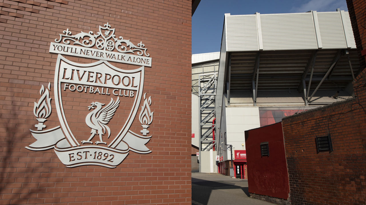LIVERPOOL, ENGLAND - MARCH 24: The Liverpool FC club crest on a wall outside the Anfield Stadium, home of Liverpool FC on March 24, 2022 in Liverpool, England.