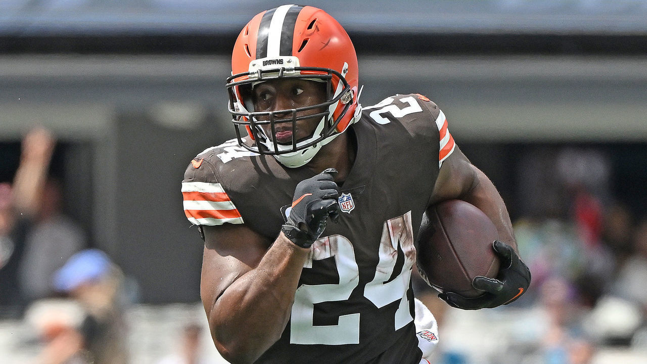 CHARLOTTE, NORTH CAROLINA - SEPTEMBER 11: Nick Chubb #24 of the Cleveland Browns runs against the Carolina Panthers during their game at Bank of America Stadium on September 11, 2022 in Charlotte, North Carolina. Cleveland won 26-24.
