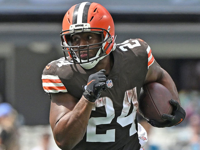CHARLOTTE, NORTH CAROLINA - SEPTEMBER 11: Nick Chubb #24 of the Cleveland Browns runs against the Carolina Panthers during their game at Bank of America Stadium on September 11, 2022 in Charlotte, North Carolina. Cleveland won 26-24.