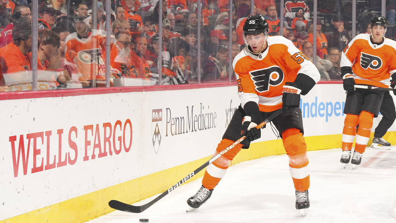 PHILADELPHIA, PA - OCTOBER 29: Rasmus Ristolainen #55 of the Philadelphia Flyers controls the puck against the Carolina Hurricanes at the Wells Fargo Center on October 29, 2022 in Philadelphia, Pennsylvania.