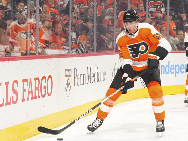 PHILADELPHIA, PA - OCTOBER 29: Rasmus Ristolainen #55 of the Philadelphia Flyers controls the puck against the Carolina Hurricanes at the Wells Fargo Center on October 29, 2022 in Philadelphia, Pennsylvania.