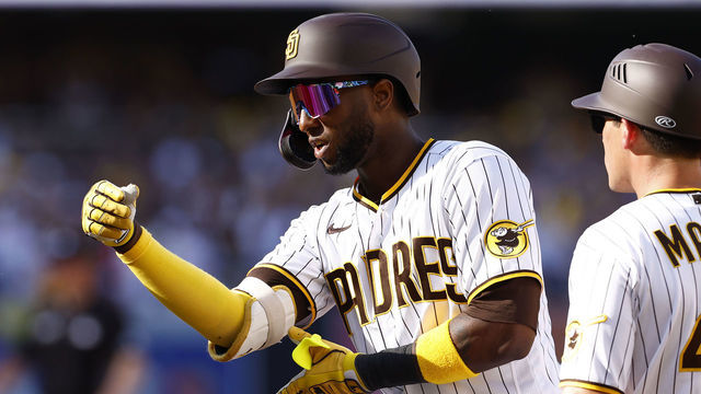 SAN DIEGO, CALIFORNIA - OCTOBER 19: Jurickson Profar #10 of the San Diego Padres celebrates after hitting a single during the fifth inning against the Philadelphia Phillies in game two of the National League Championship Series at PETCO Park on October 19, 2022 in San Diego, California.