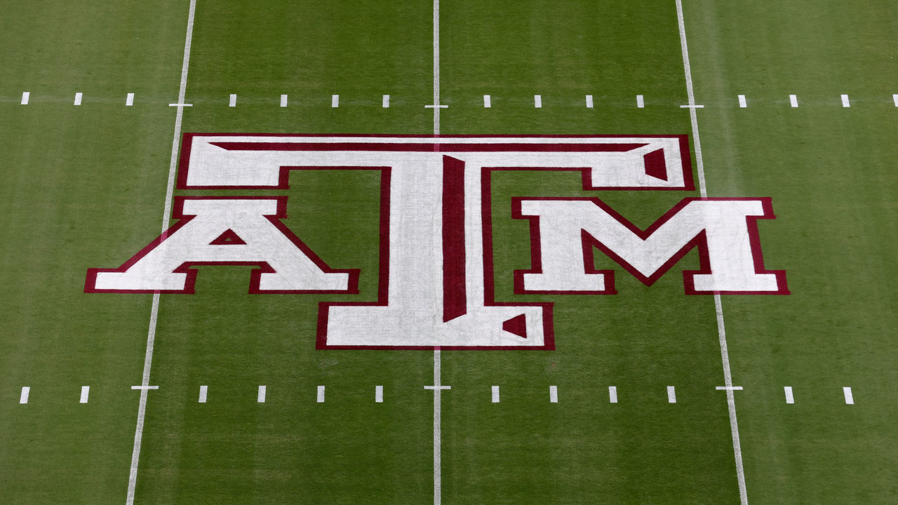 COLLEGE STATION, TEXAS - OCTOBER 29: A view of the Texas A&M Aggies logo on the field before the game against the Mississippi Rebels at Kyle Field on October 29, 2022 in College Station, Texas.