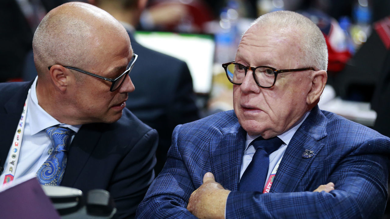 MONTREAL, QUEBEC - JULY 08: (L-R) General manager Patrik Allvin and President of hockey operations Jim Rutherford of the Vancouver Canucks look on during the 2022 Upper Deck NHL Draft at Bell Centre on July 08, 2022 in Montreal, Quebec.