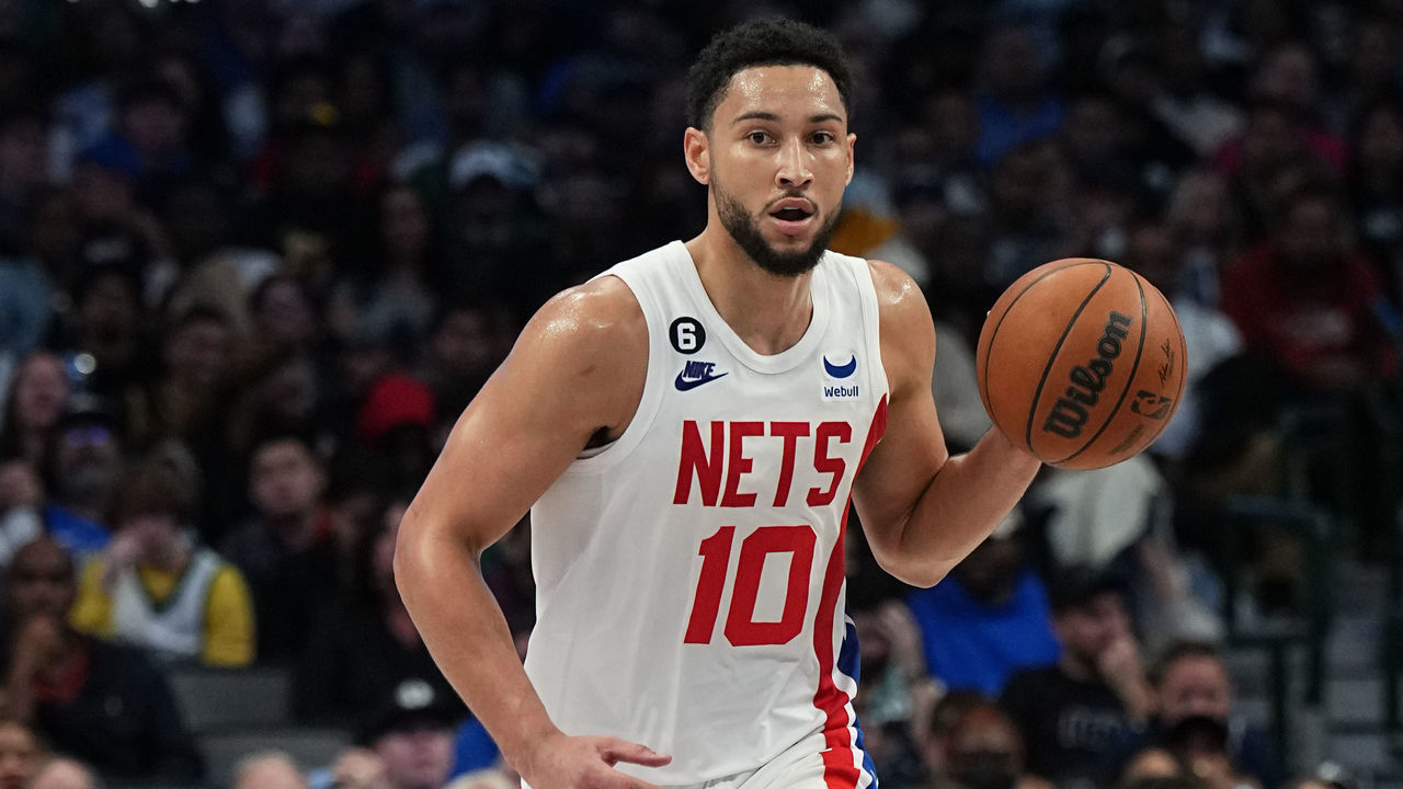 DALLAS, TX - NOVEMBER 7: Ben Simmons #10 of the Brooklyn Nets dribbles the ball during the game against the Dallas Mavericks on November 7, 2022 at the American Airlines Center in Dallas, Texas. Mandatory Copyright Notice: Copyright 2022 NBAE