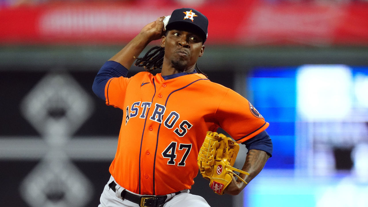 PHILADELPHIA, PA - NOVEMBER 03: Rafael Montero #47 of the Houston Astros pitches in the eighth inning during Game 5 of the 2022 World Series between the Houston Astros and the Philadelphia Phillies at Citizens Bank Park on Thursday, November 3, 2022 in Philadelphia, Pennsylvania.