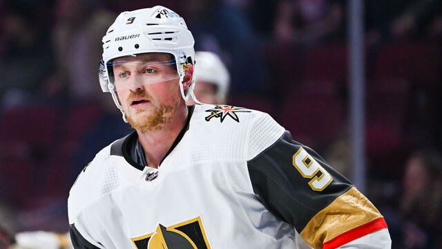 MONTREAL, QC - NOVEMBER 05: Look on Las Vegas Golden Knights center Jack Eichel (9) at warm-up before the Las Vegas Golden Knights versus the Montreal Canadiens game on November 05, 2022, at Bell Centre in Montreal, QC