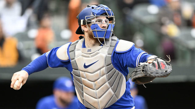 BALTIMORE, MARYLAND - OCTOBER 05: Danny Jansen #9 of the Toronto Blue Jays throws the ball to second base against the Baltimore Orioles during game two of a doubleheader at Oriole Park at Camden Yards on October 05, 2022 in Baltimore, Maryland.