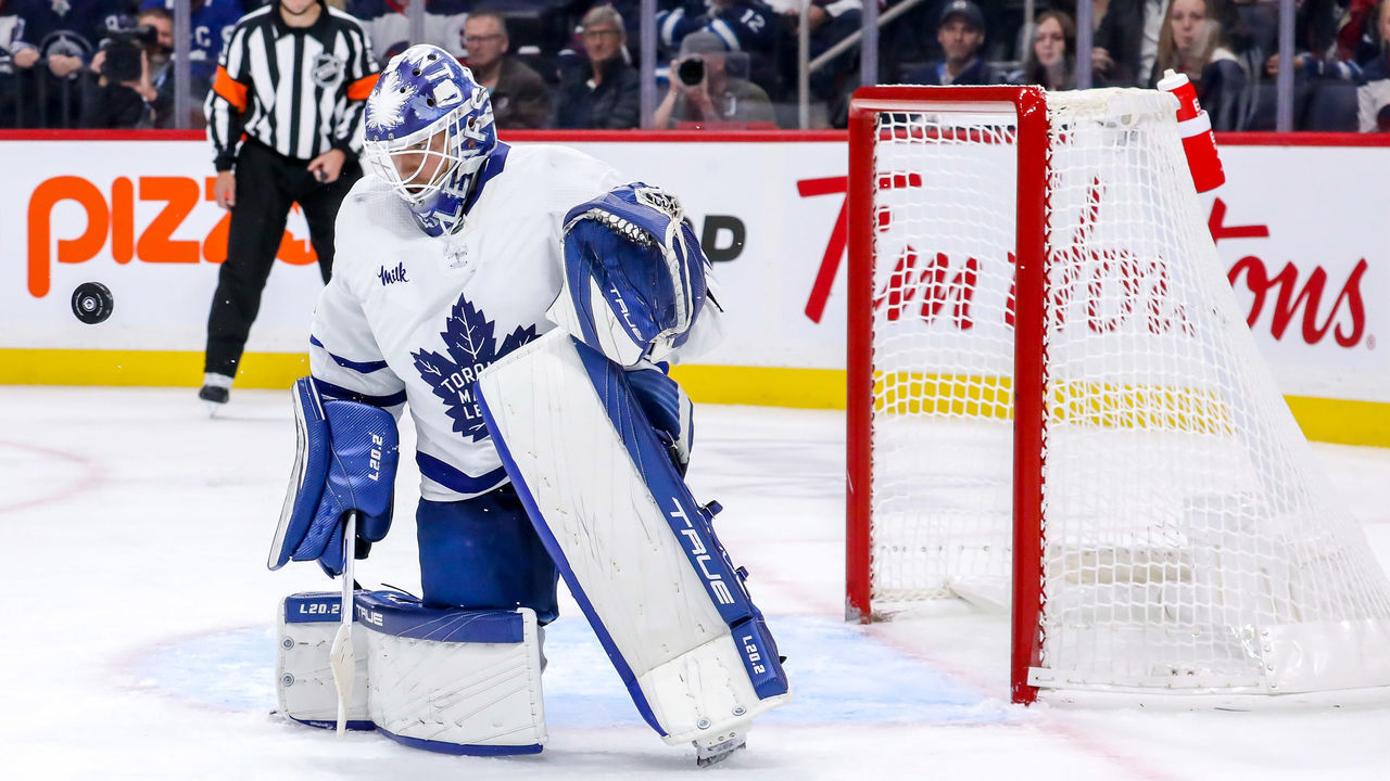 WINNIPEG, CANADA - OCTOBER 22: Goaltender Ilya Samsonov #35 of the Toronto Maple Leafs makes a save during third period action against the Winnipeg Jets at the Canada Life Centre on October 22, 2022 in Winnipeg, Manitoba, Canada. The Leafs defeated the Jets 4-1.