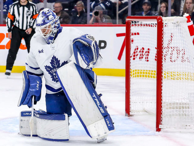 WINNIPEG, CANADA - OCTOBER 22: Goaltender Ilya Samsonov #35 of the Toronto Maple Leafs makes a save during third period action against the Winnipeg Jets at the Canada Life Centre on October 22, 2022 in Winnipeg, Manitoba, Canada. The Leafs defeated the Jets 4-1.