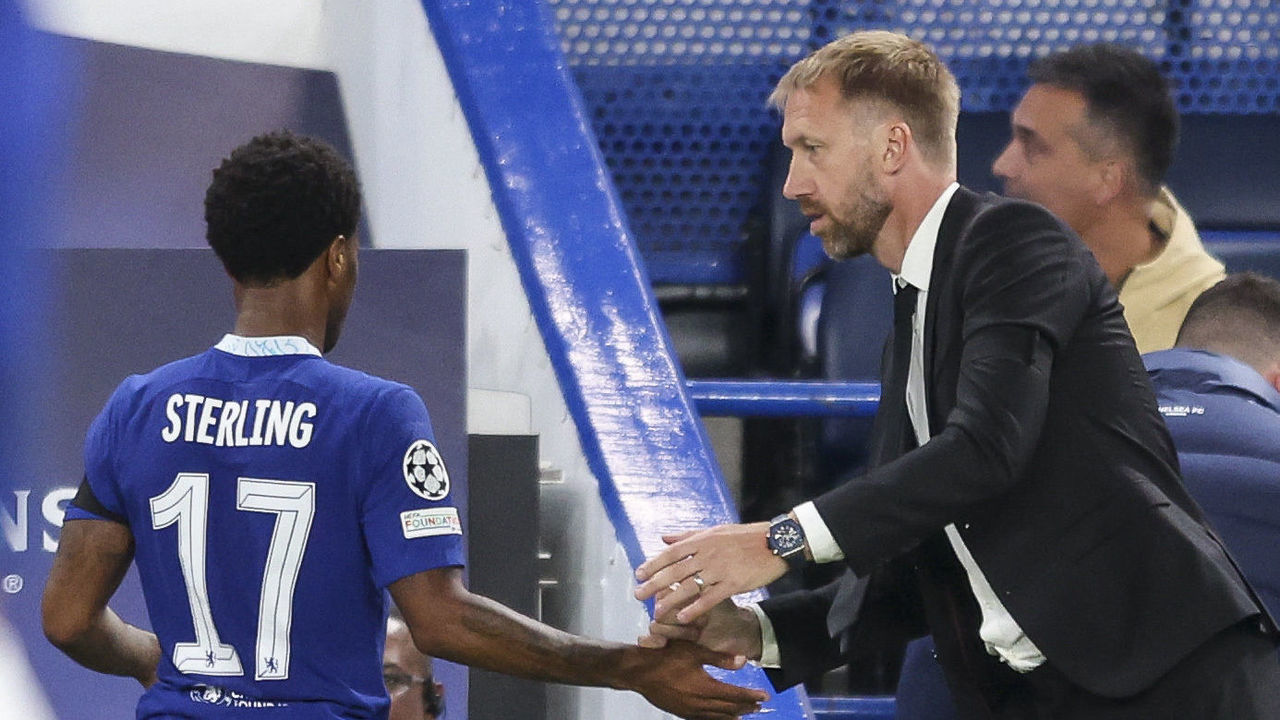 LONDON, ENGLAND - SEPTEMBER 14: Raheem Sterling of Chelsea after he is subbed by Head Coach Graham Potter during the UEFA Champions League group E match between Chelsea FC and FC Salzburg at Stamford Bridge on September 14, 2022 in London, England.