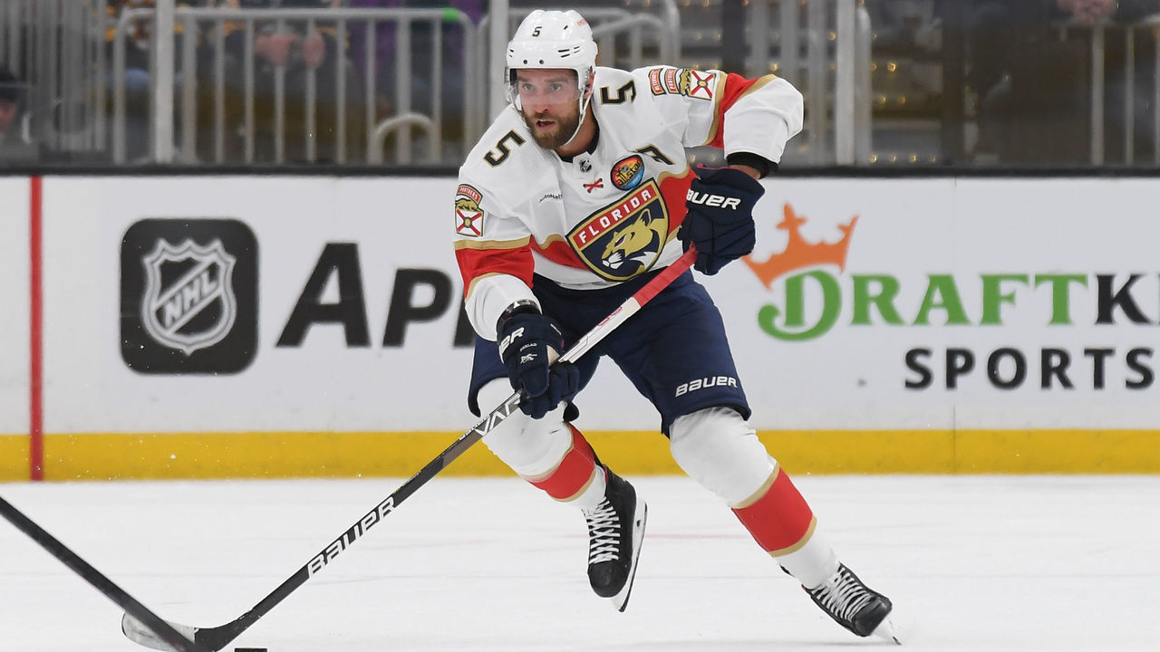 BOSTON, MASSACHUSETTS - OCTOBER 17: Aaron Ekblad #5 of the Florida Panthers skates against the Boston Bruins at the TD Garden on October 17, 2022 in Boston, Massachusetts.