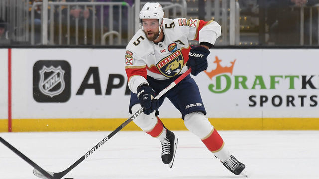 BOSTON, MASSACHUSETTS - OCTOBER 17: Aaron Ekblad #5 of the Florida Panthers skates against the Boston Bruins at the TD Garden on October 17, 2022 in Boston, Massachusetts.
