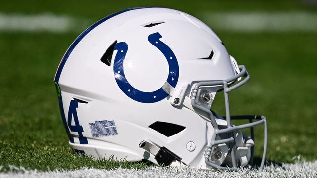 NASHVILLE, TN - OCTOBER 23: Indianapolis Colts helmet sits on the field before the Tennessee Titans game versus the Indianapolis Colts on October 23, 2022, at Nissan Stadium in Nashville, TN.