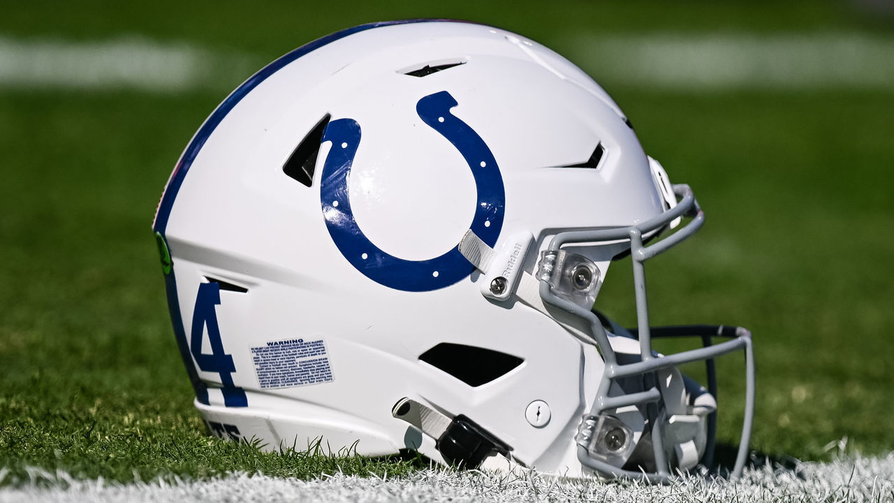 NASHVILLE, TN - OCTOBER 23: Indianapolis Colts helmet sits on the field before the Tennessee Titans game versus the Indianapolis Colts on October 23, 2022, at Nissan Stadium in Nashville, TN.