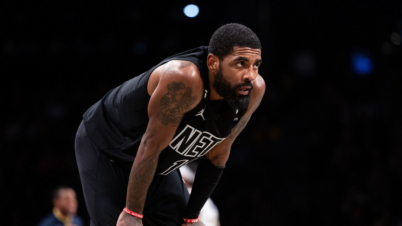 NEW YORK, NEW YORK - OCTOBER 31: Kyrie Irving #11 of the Brooklyn Nets looks on during a break in the action during the fourth quarter of the game against the Indiana Pacers at Barclays Center on October 31, 2022 in New York City.