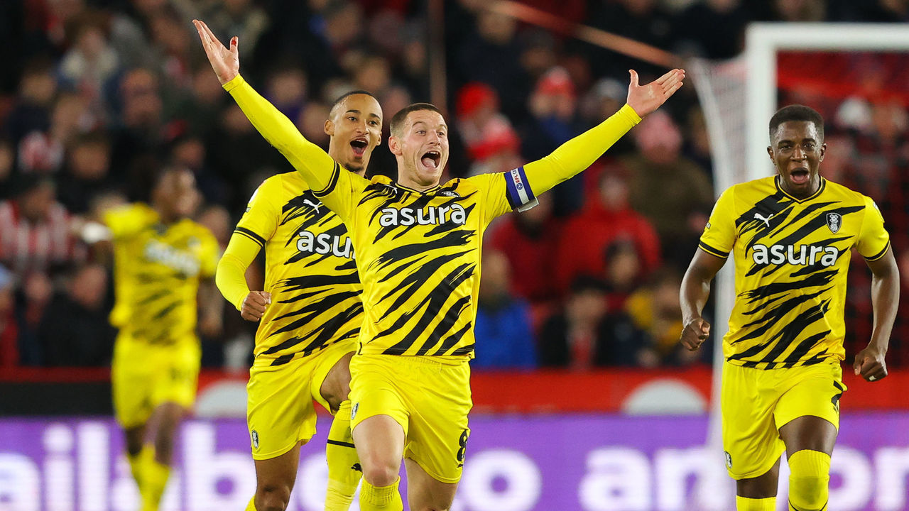 SHEFFIELD, ENGLAND - NOVEMBER 08: Ben Wiles of Rotherham United celebrates after scoring his side's first goal during the Sky Bet Championship match between Sheffield United and Rotherham United at Bramall Lane on November 08, 2022 in Sheffield, England.