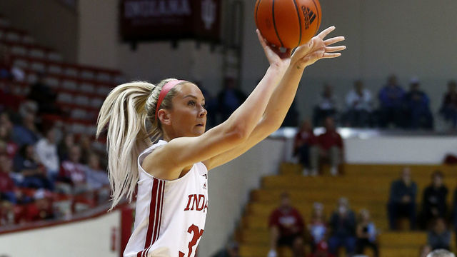 BLOOMINGTON, IN - NOVEMBER 08: Indiana Hoosiers guard Sydney Parrish (33) knocks down the three pointer during a womens college basketball game between the Vermont Catamounts and the Indiana Hoosiers on November 8, 2022 at Simon Skjodt Assembly Hall, in Bloomington, IN.