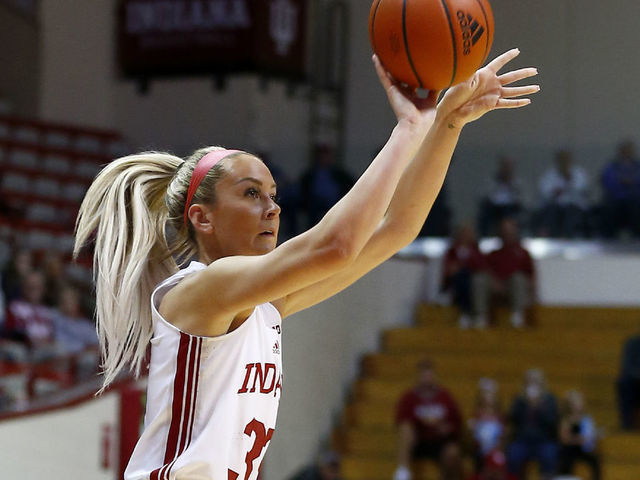 BLOOMINGTON, IN - NOVEMBER 08: Indiana Hoosiers guard Sydney Parrish (33) knocks down the three pointer during a womens college basketball game between the Vermont Catamounts and the Indiana Hoosiers on November 8, 2022 at Simon Skjodt Assembly Hall, in Bloomington, IN.