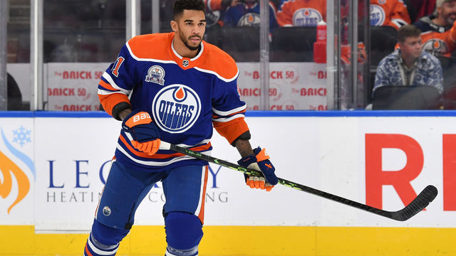 EDMONTON, CANADA - NOVEMBER 03: Evander Kane #91 of the Edmonton Oilers skates during warm ups before the game against the New Jersey Devils on November 03, 2022 at Rogers Place in Edmonton, Alberta, Canada.